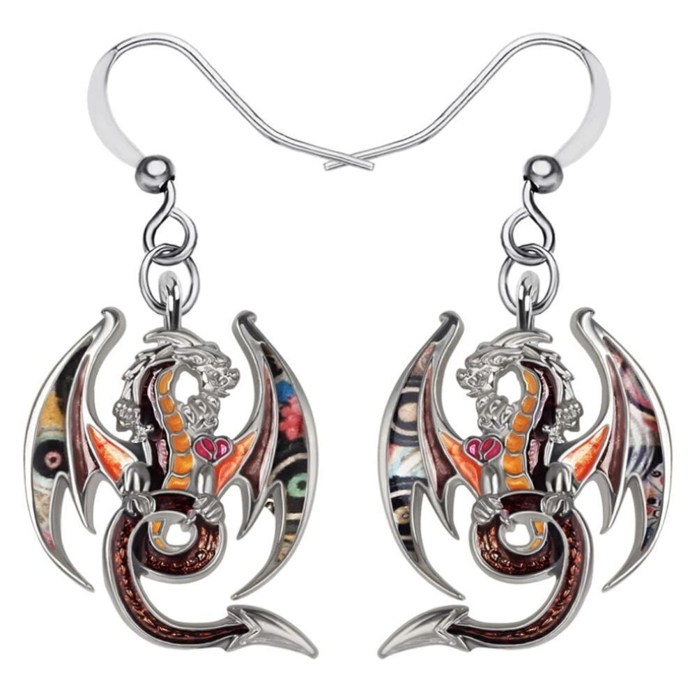 Silver and Multicolor Enamel Mythical Dragon Dangling French Wire Hook Earrings